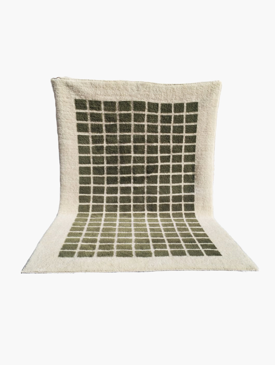 A contemporary Amazigh rug with striking green geometric patterns on a beige background.